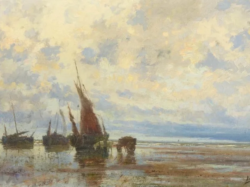 1867-Willem Battaille - Pescatori di gamberi a cavallo in riva al mare